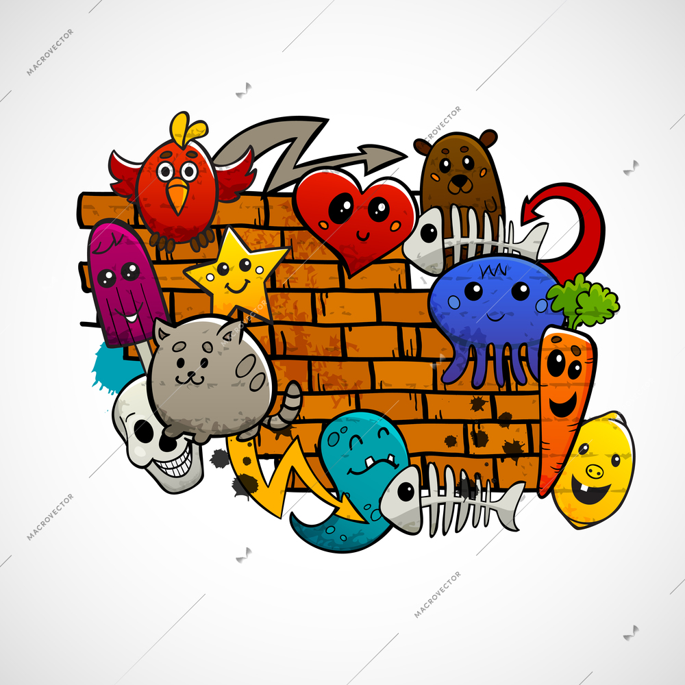 Graffiti cartoon animals fruit and abstract characters around brick wall flat color concept vector illustration