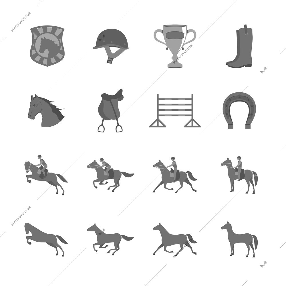 Horse with riders flat icons set of cup barrier saddle and horseshoe isolated vector illustration