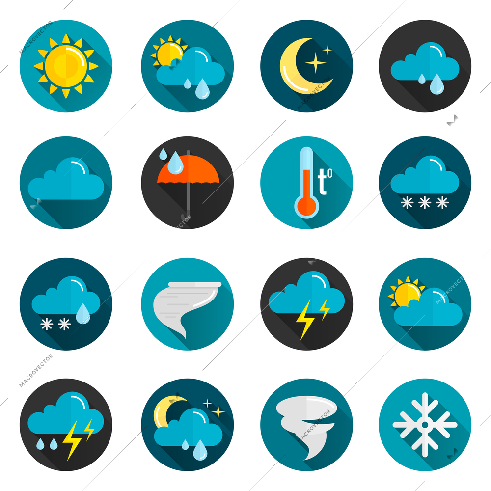 Weather conditions signs rain cloud sun and temperature flat color icon set isolated vector illustration