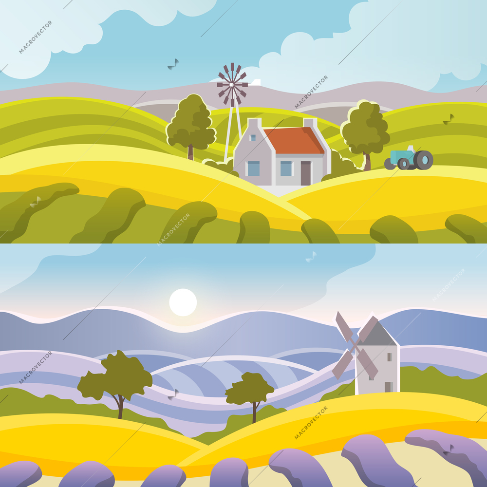 Rural landscape banner set  with flat countryside elements isolated vector illustration