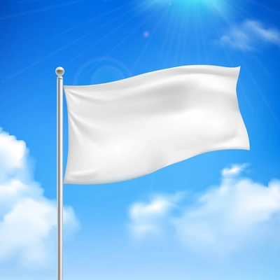 White flag in the wind against the blue sky with white clouds background banner abstract vector illustration