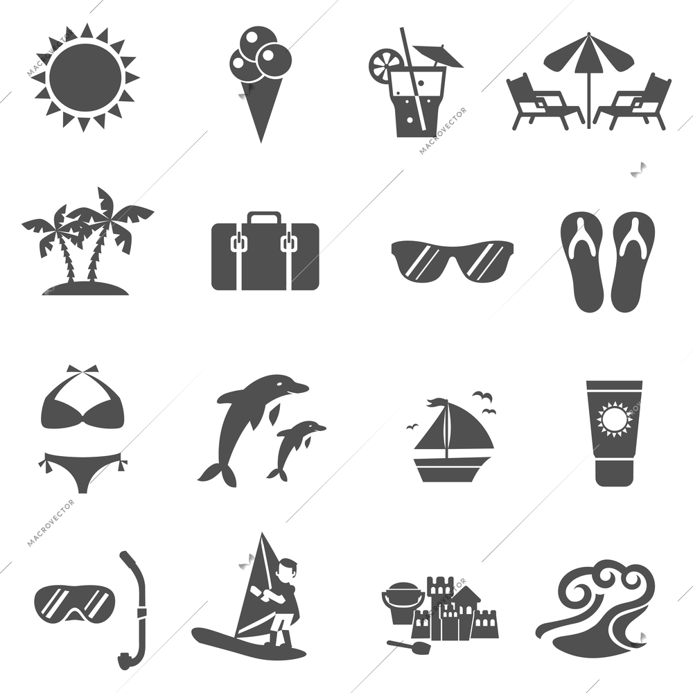 Summer and travel black white icons set with surfing yacht and palms flat isolated vector illustration