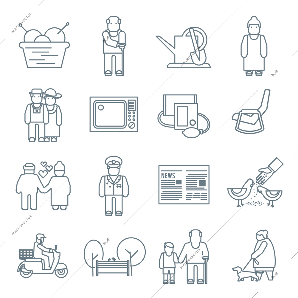 Pensioners life and senior lifestyle line icons set isolated vector illustration