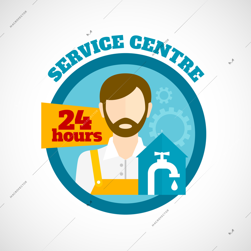 Plumber around the clock service centre text symbol and character flat color concept vector illustration
