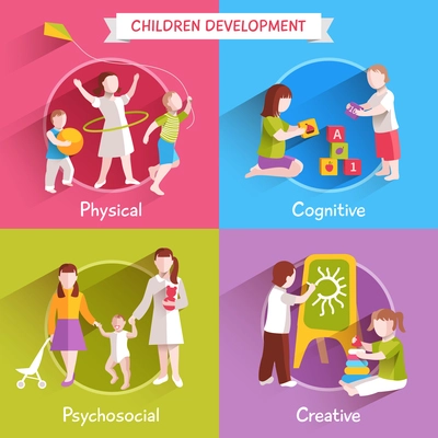 Children design concept set with physical cognitive and creative process flat icons isolated vector illustration