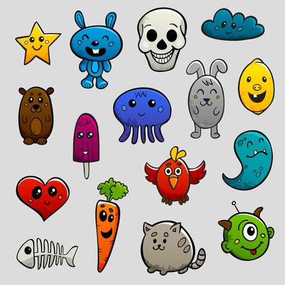 Graffiti cartoon characters abstract animals and fruits flat bright color icon set isolated vector illustration