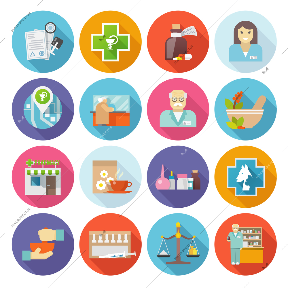 Pharmacist flat icons set with drugs and pills production symbols isolated vector illustration