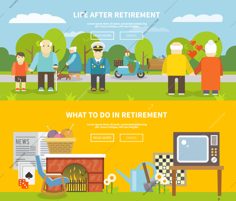 Pensioners life style horizontal banner set with senior people flat elements isolated vector illustration