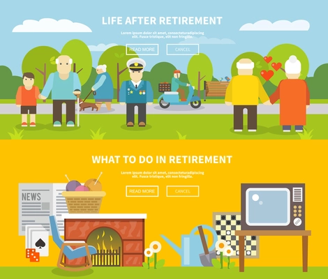 Pensioners life style horizontal banner set with senior people flat elements isolated vector illustration