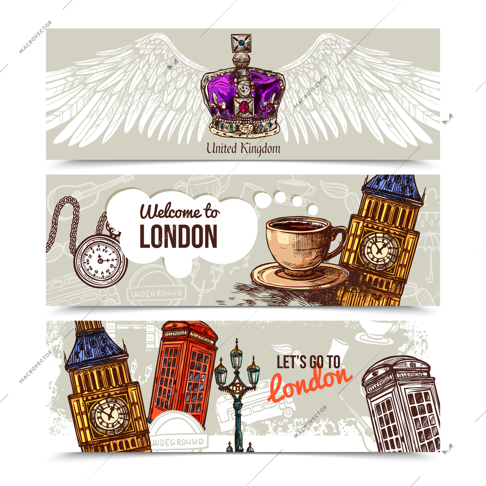 London horizontal banners set with sketch famous travel symbols isolated vector illustration