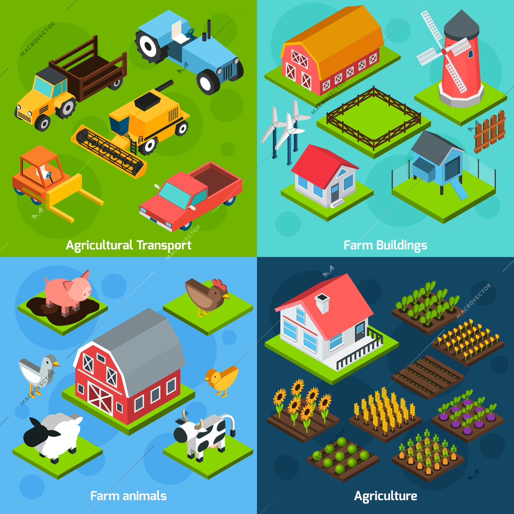 Farm buildings and  agriculture transport machinery facilities 4 isometric square icons composition set abstract isolated  vector illustration