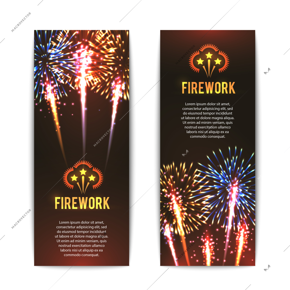 Festive firework 2 vertical banners set with sparkling star balls against black background abstract vector isolated illustration