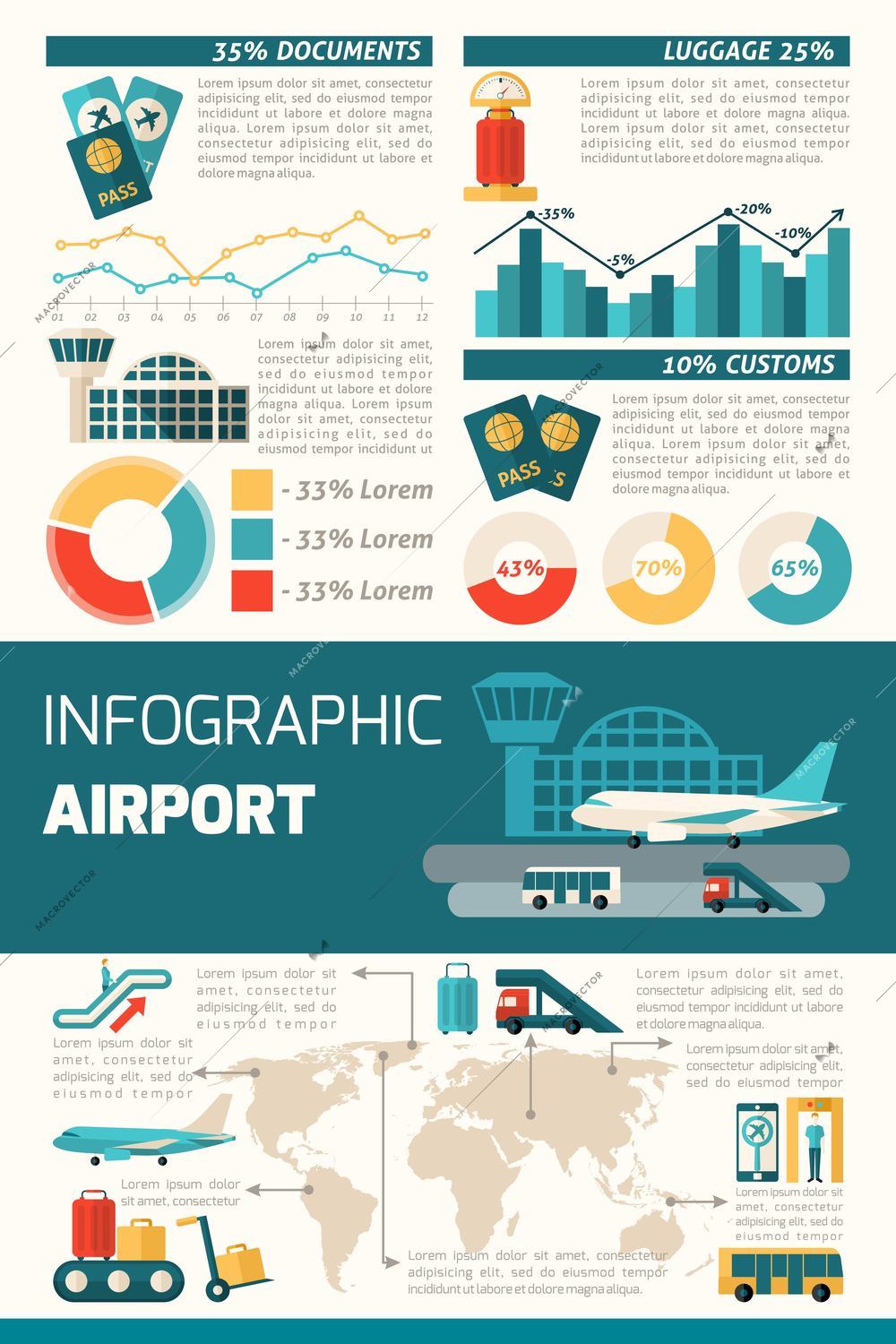 Airport infographics set with travel symbols and charts vector illustration