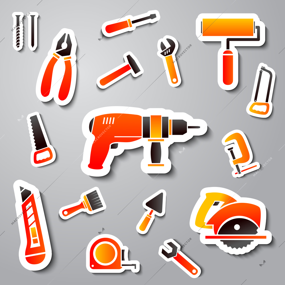 Collection of tool stickers of wrench hammer spanner and screw isolated vector illustration