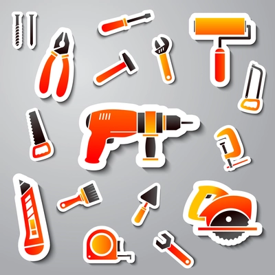 Collection of tool stickers of wrench hammer spanner and screw isolated vector illustration