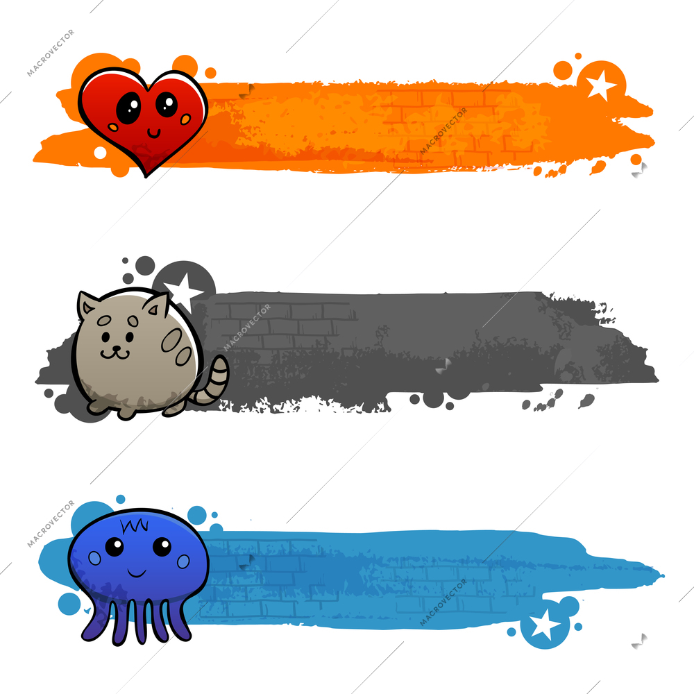 Graffiti cartoon cat octopus and heart characters flat color horizontal banner set isolated vector illustration