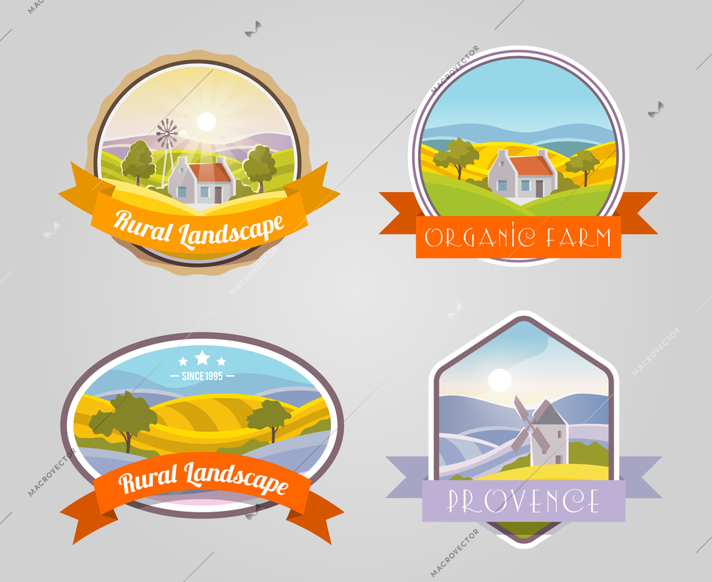 Rural landscape provence organic farm label set isolated vector illustration