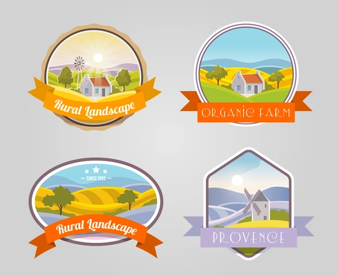 Rural landscape provence organic farm label set isolated vector illustration