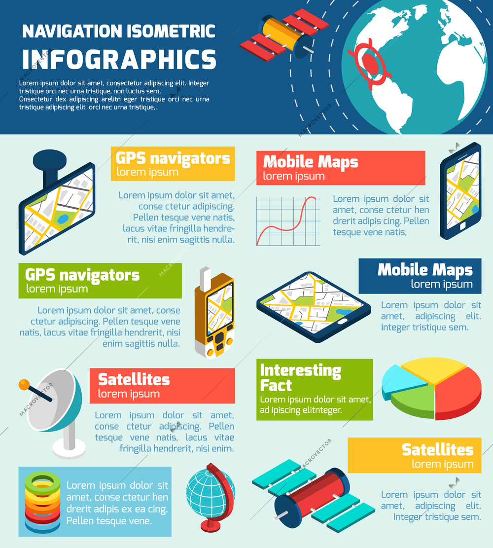 Navigation satellite gps location detector system facts and mobile maps network infographic  isometric design abstract vector illustration