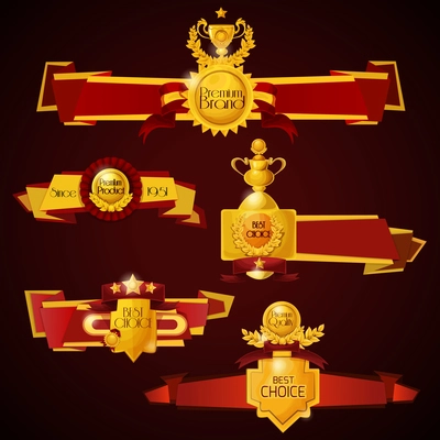 Premium products banners set with golden award cups and medals isolated vector illustration