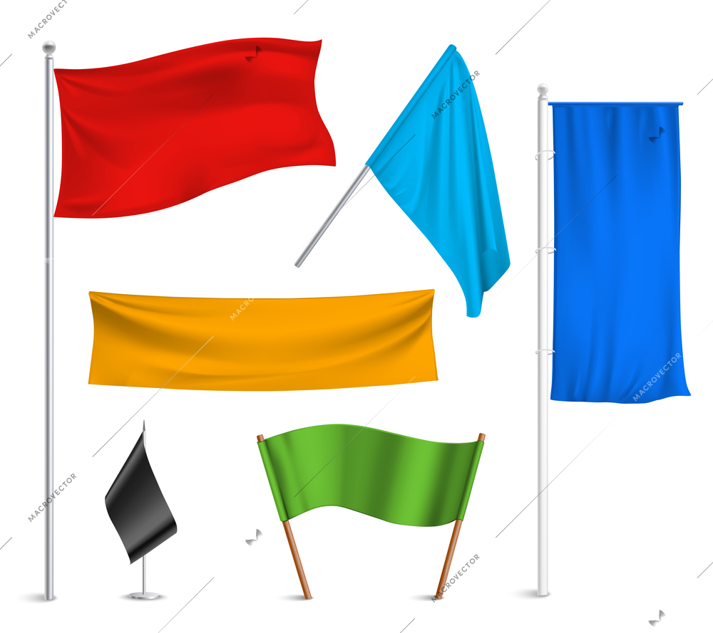 Various colors flags and banners pictograms collection with black racing and blue half-staff hoisted abstract vector illustration