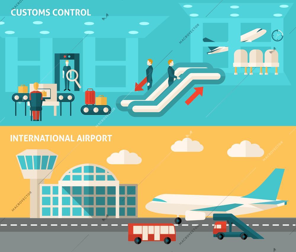 Airport horizontal banner set with customs control flat elements isolated vector illustration