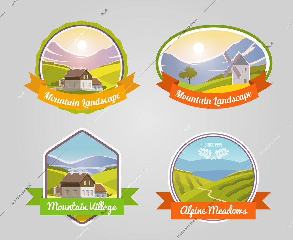 Mountain landscape label set with alpine meadows and village symbols isolated vector illustration