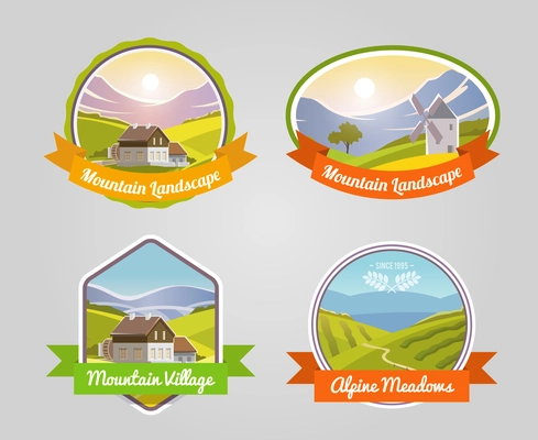 Mountain landscape label set with alpine meadows and village symbols isolated vector illustration