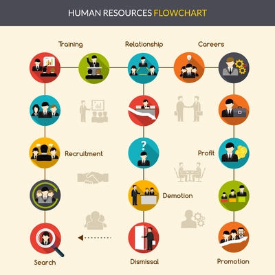 Human resources flowchart with search recruitment and training symbols vector illustration