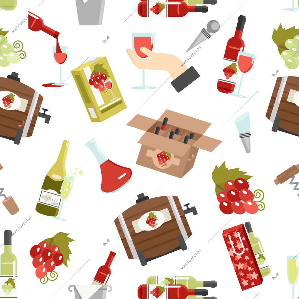 Wine in bottles kegs and glasses with accessories color seamless pattern vector illustration