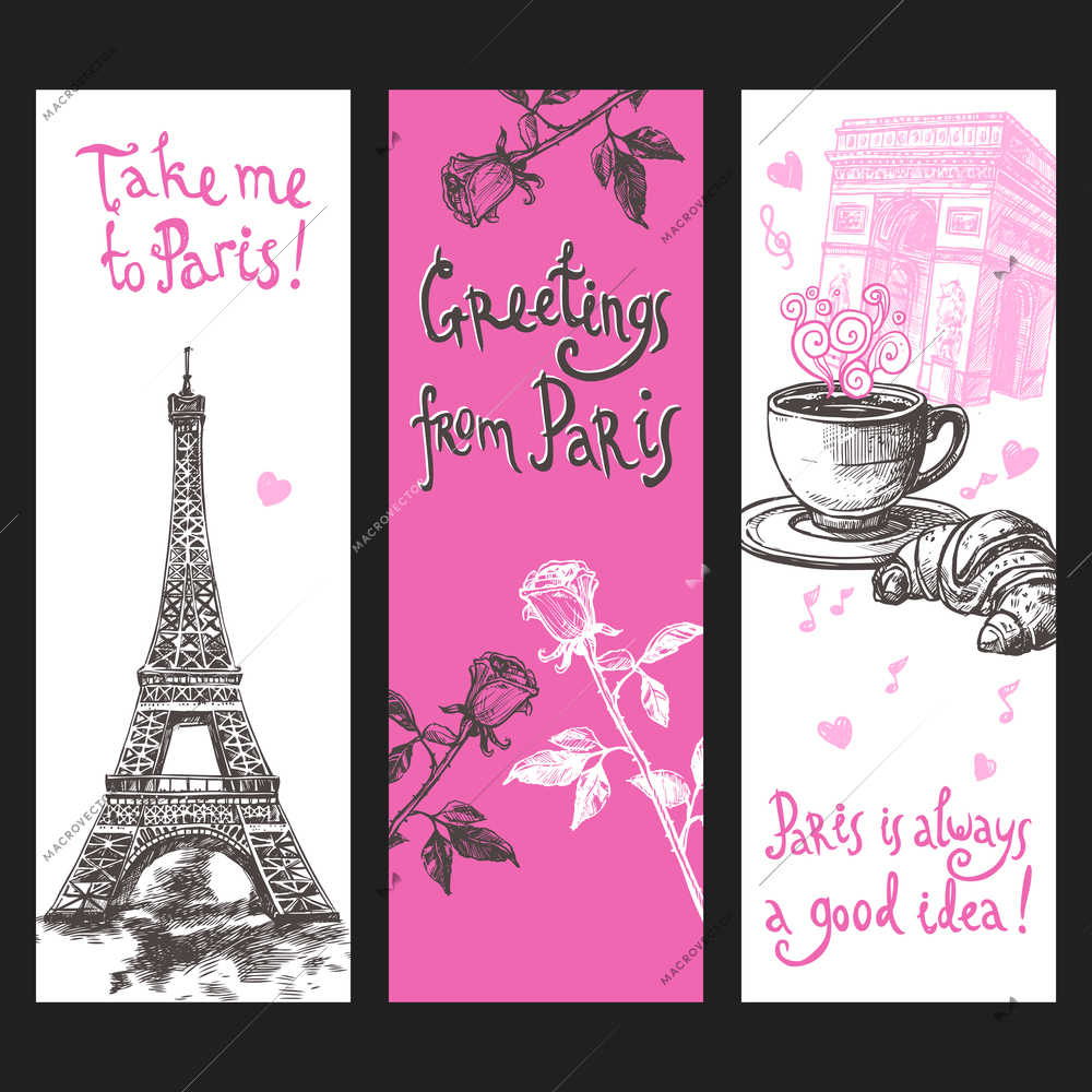 Paris vertical banner set with hand drawn eiffel tower flowers and coffee isolated vector illustration