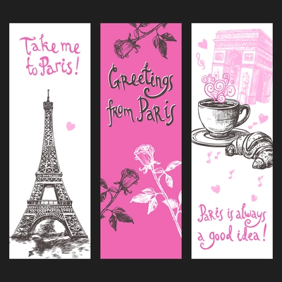 Paris vertical banner set with hand drawn eiffel tower flowers and coffee isolated vector illustration