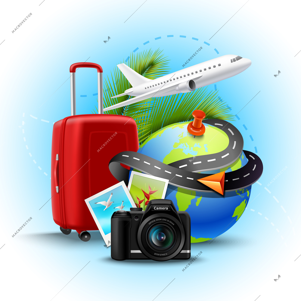 Vacation and holidays background with realistic globe suitcase and photo camera vector illustration