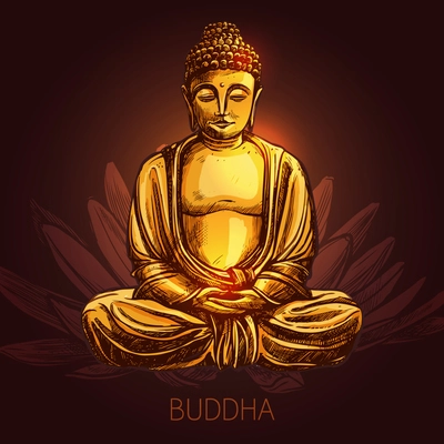 Buddha god sitting in lotus position on flower sketch vector illustration