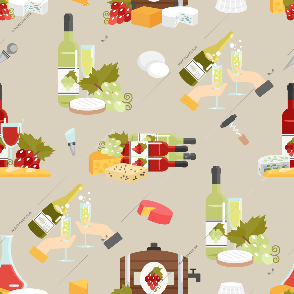 Wine in bottles and glasses with cheese and accessories flat color decorative seamless pattern vector illustration