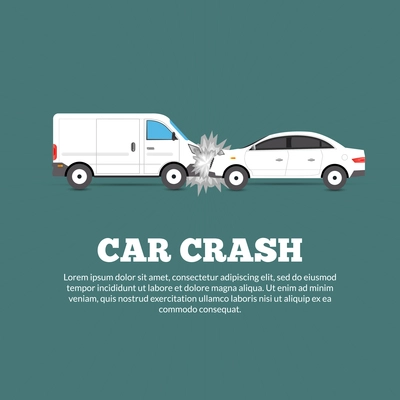 Car crash accident poster with two damaged autos flat vector illustration