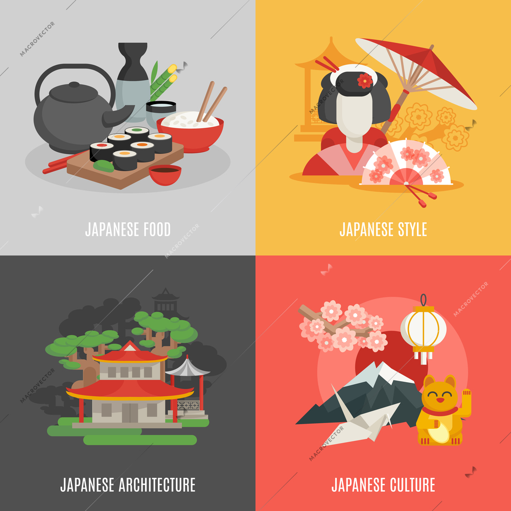 Japanese food culture architecture and style icon set isolated vector illustration