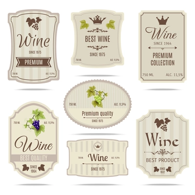 Special collection best quality grape varieties and premium wine brand names labels emblems abstract isolated vector illustration