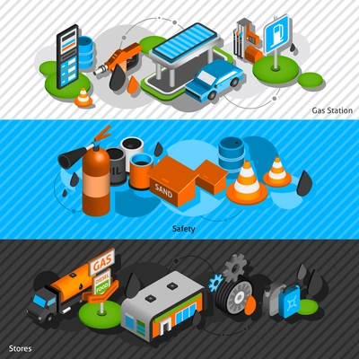 Gasoline diesel fuel station isometric banners set with convenience shop and safety equipment abstract isolated vector illustration