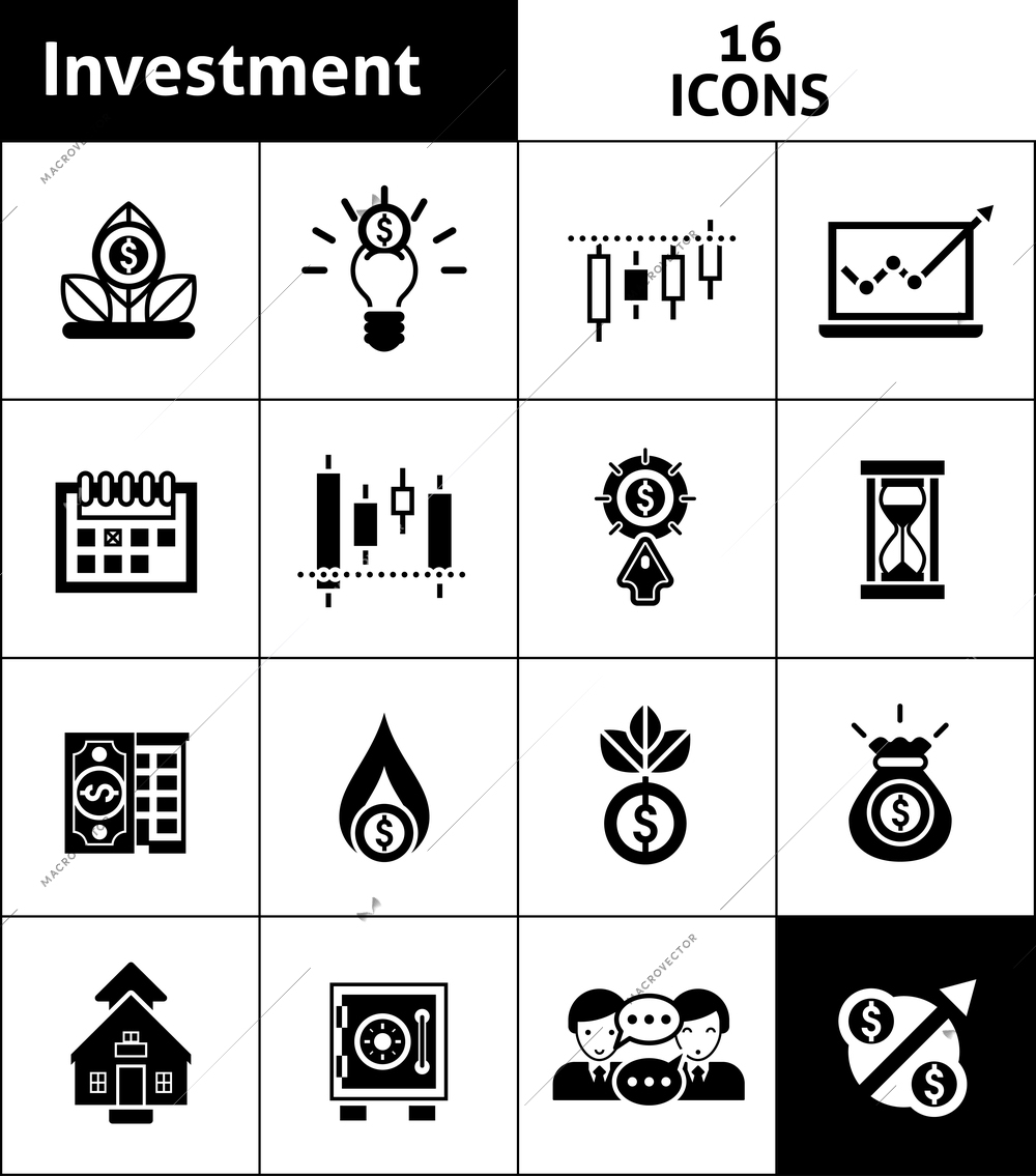 Investment and stock trader black icons set isolated vector illustration