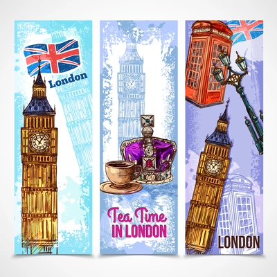 London vertical banner set with sketch tourist attraction symbols isolated vector illustration