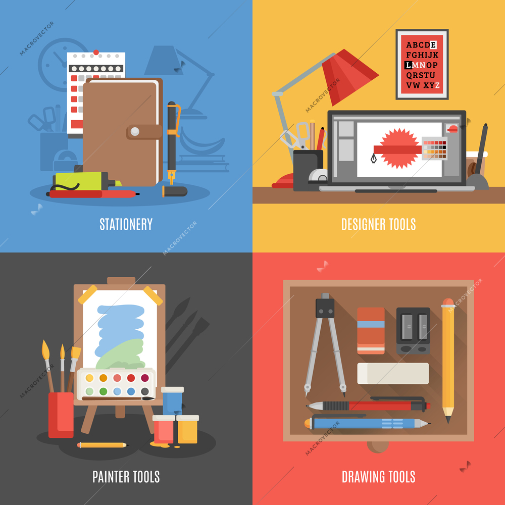 Drawing painter and designer tools flat color icon set isolated vector illustration
