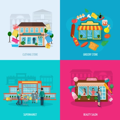 Different stores buildings such as clothing grocery beauty salons and supermarkets icons set flat isolated vector illustration