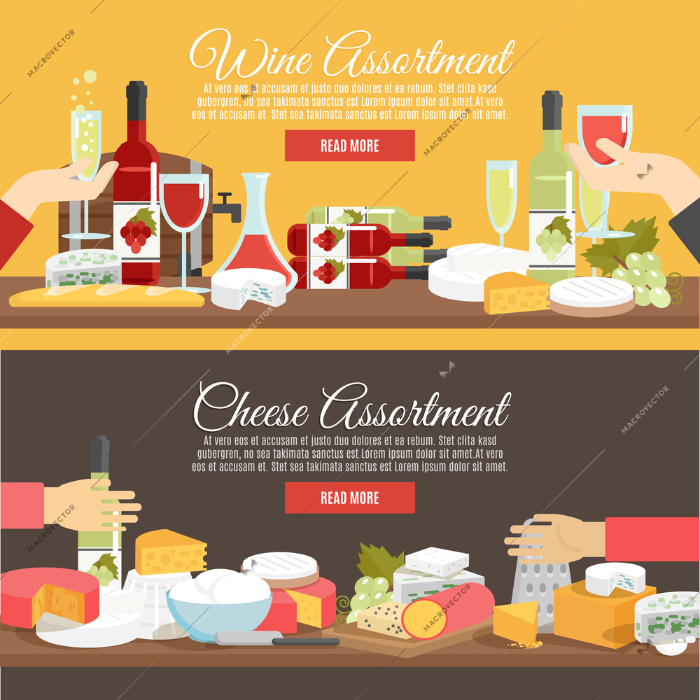 Cheese assortment and wine in bottles decanters and glasses flat color horizontal banner set isolated vector illustration