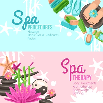 Spa therapy and procedures horizontal banners set isolated vector illustration