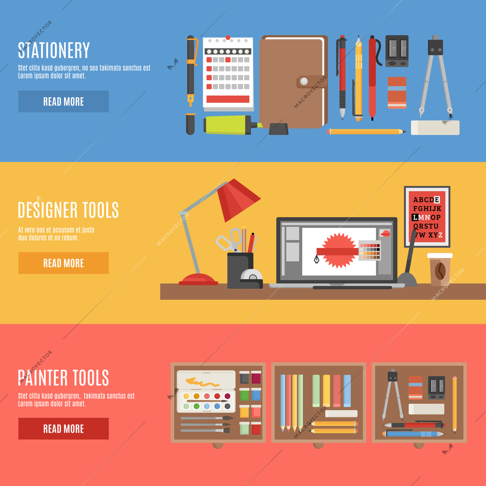 Painter and designer tools in workspace or boxes and stationery flat color horizontal banner set isolated vector illustration