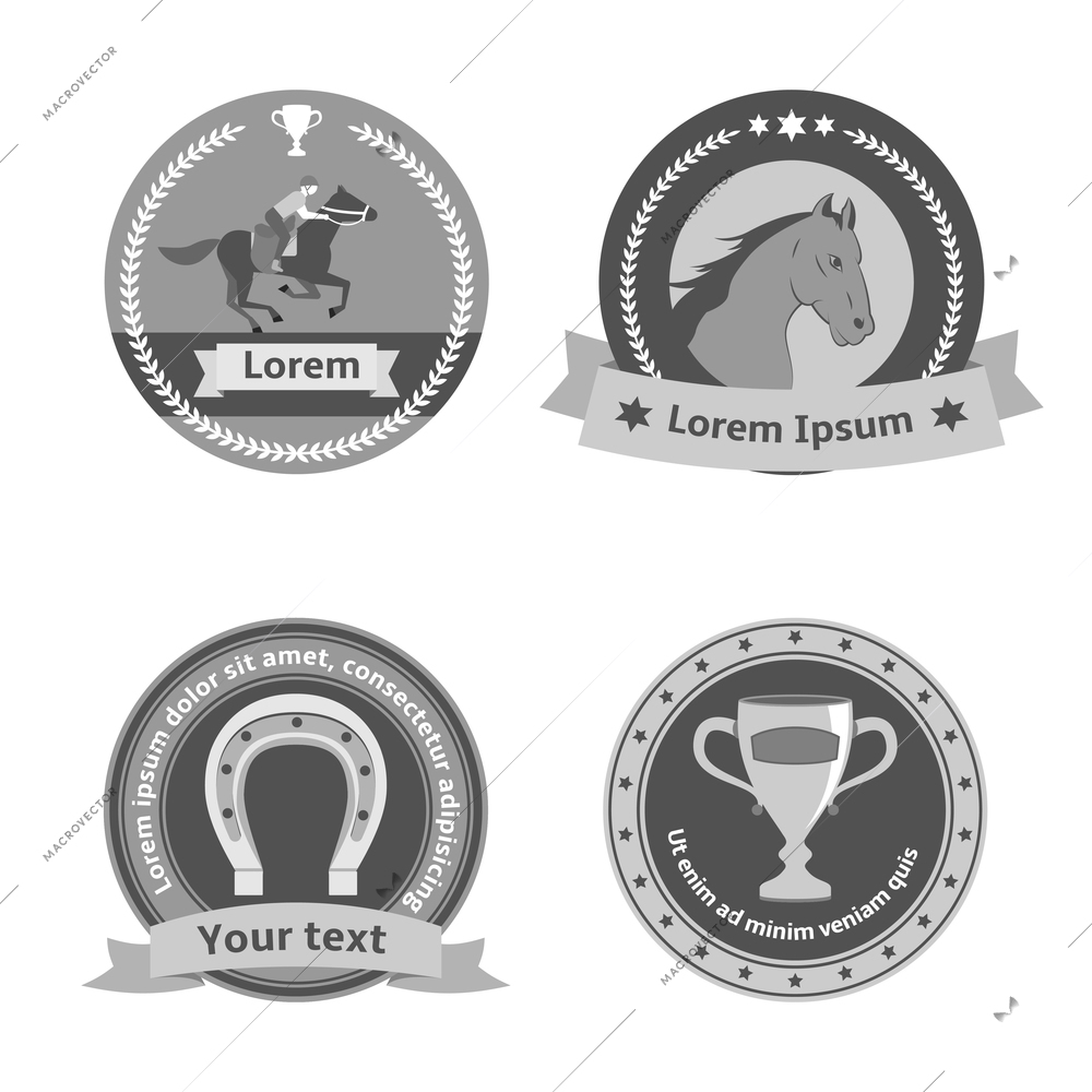 Horseback riding black badges and labels of horse rider equestrian sport dressage and horseshoe isolated vector illustration