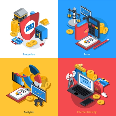 Financial design concept set with money protection analytics and internet banking isometric icons isolated vector illustration