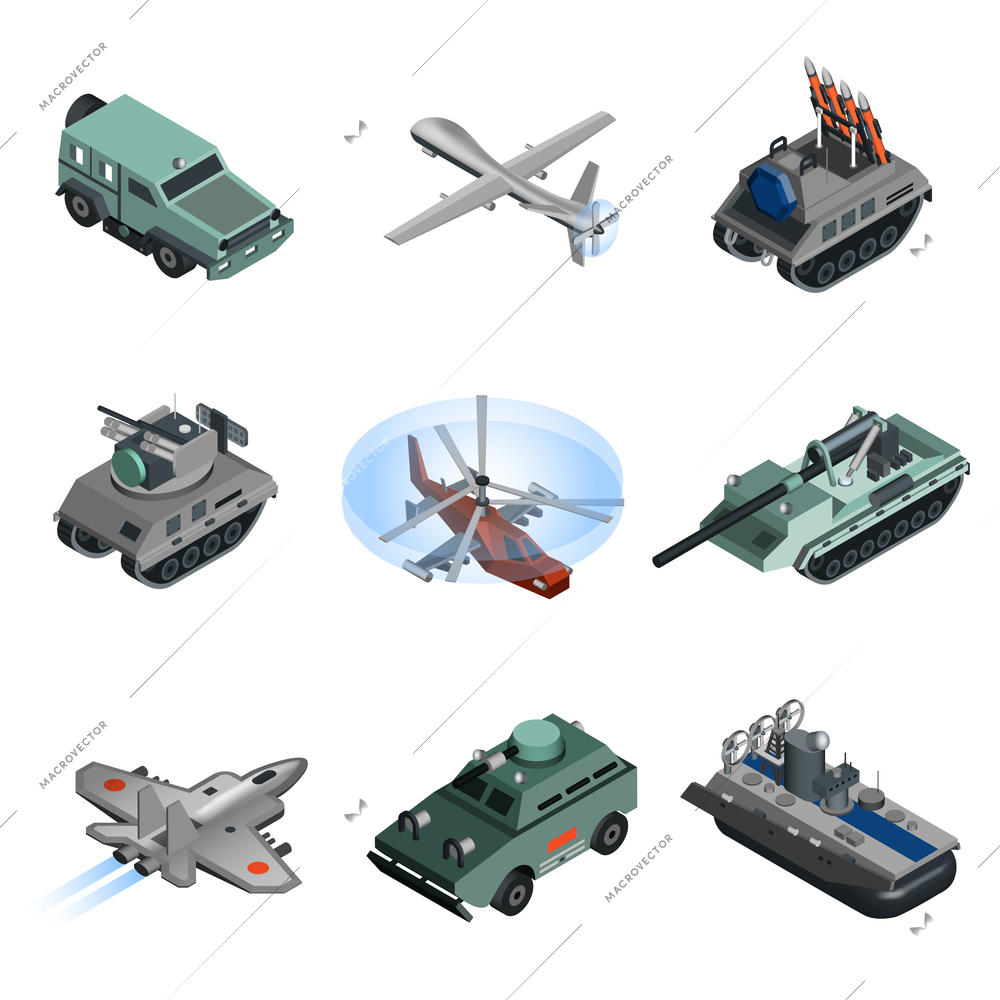 Military equipment isometric set with helicopter armoured vehicle truck isolated vector illustration