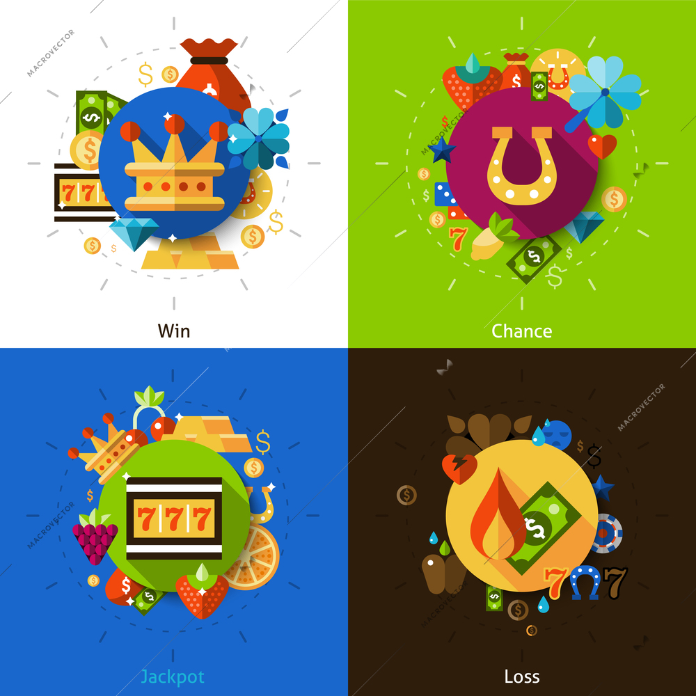 Slot machine concept with win chance jackpot and loss icons set flat isolated vector illustration